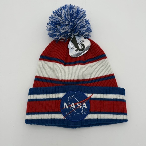 NEW NASA Knit Winter Beanie Hat Red White & Blue Pom Pom Meatball Logo Embroider